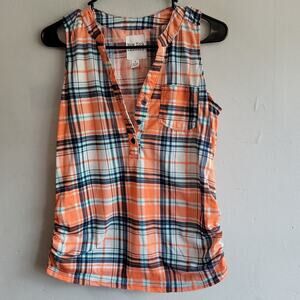 Women's medium flannel sleeveless tank top shirt orange blue ruched sides v-neck